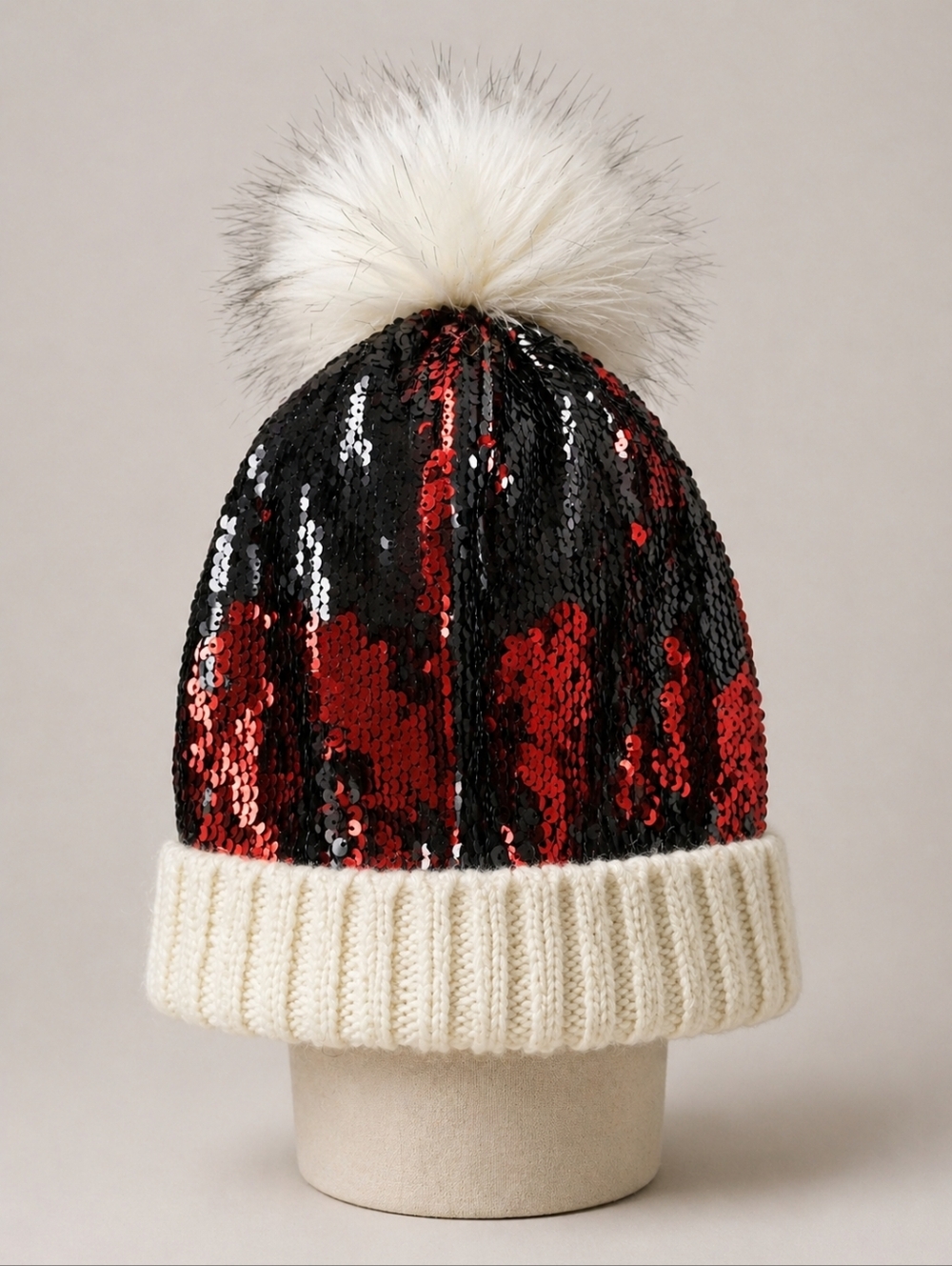 Kids Sequin Pom Beanie - Red & Black with Cream Cuff